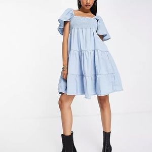 Denim Smocked Bodice Tiered Mini Dress